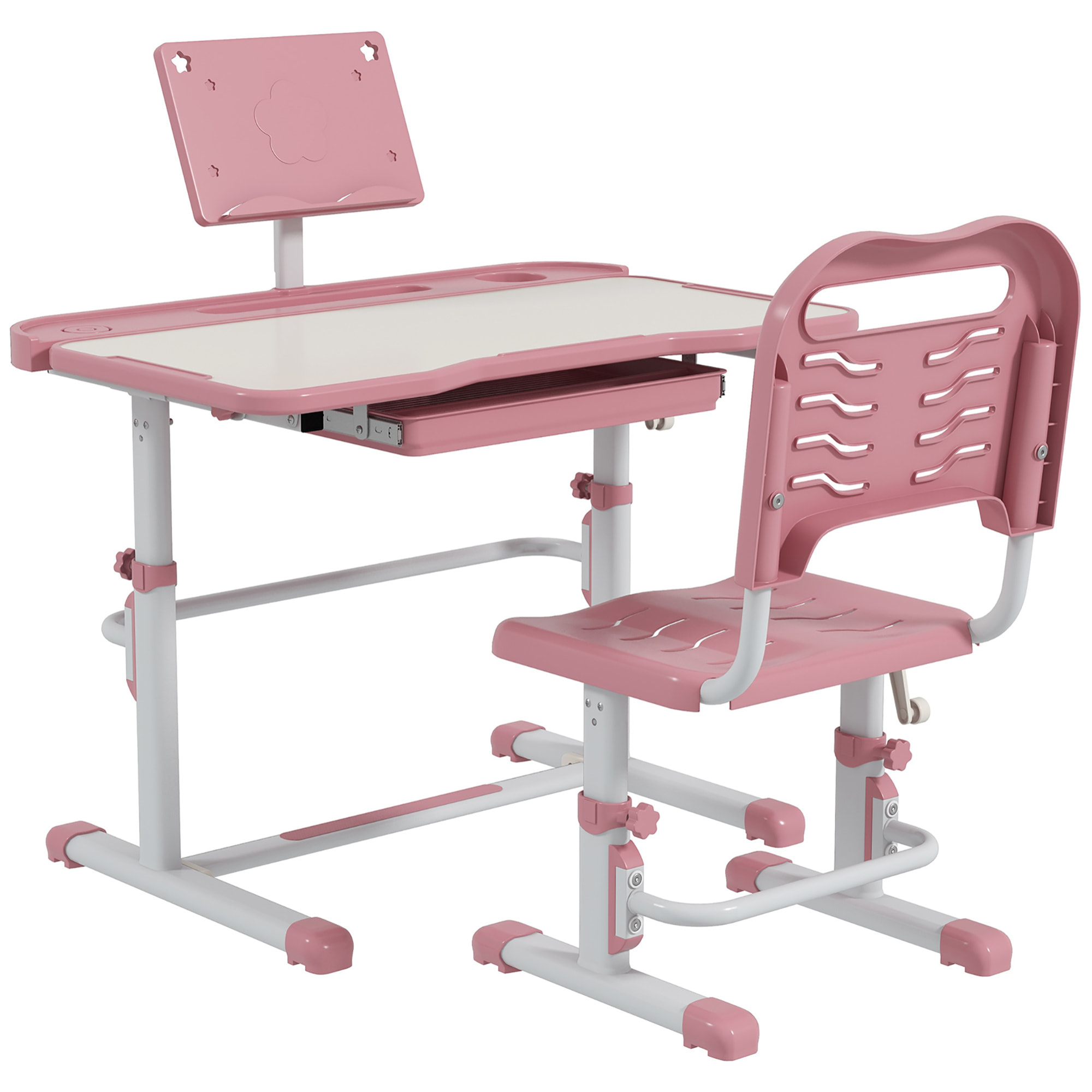 ZONEKIZ Juego de Escritorio y Silla para Niños de 6-12 Años Pupitre Infantil Altura Ajustable con 1 Cajón 1 Estante para Libros y Ángulo de Mesa Ajustable 80x49,5x82-104 cm Rosa y Blanco