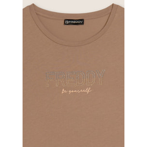 T-shirt donna con mini spacchi laterali e logo in strass