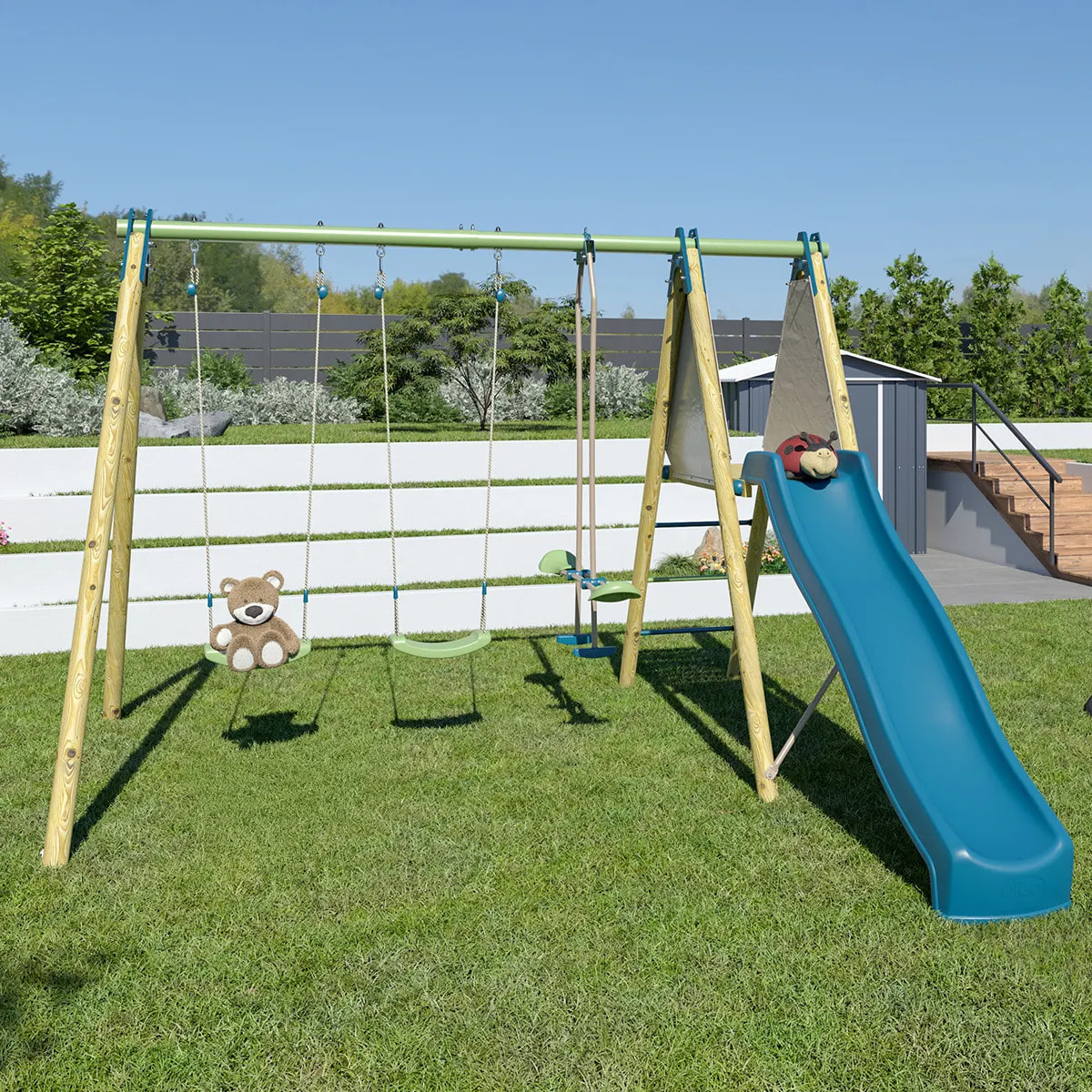 Balançoire en bois poutre métal Techwood OPTIMA 2 Trigano 2,30 m avec toboggan