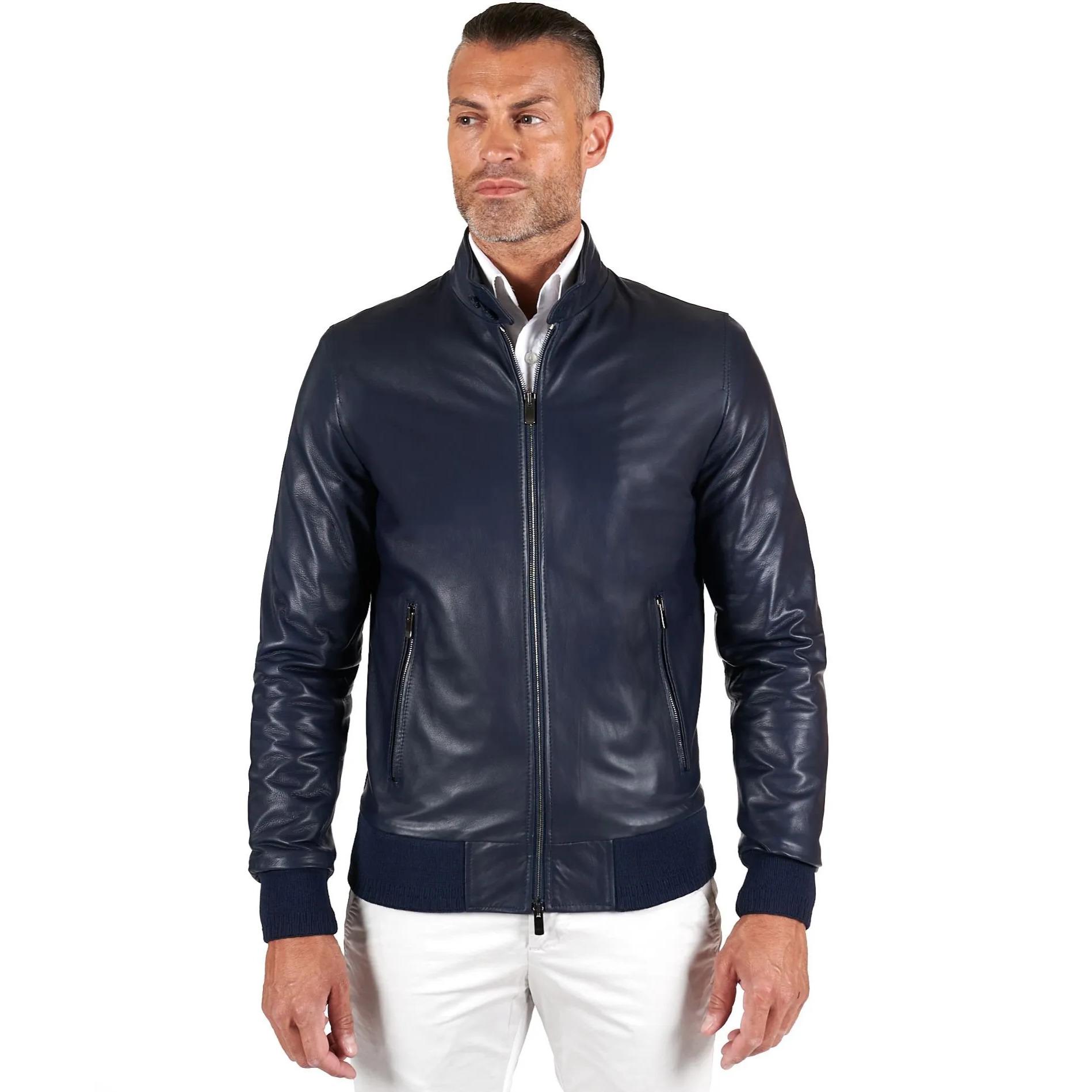 Giubbotto Bomber in pelle naturale blu colletto con bottoni