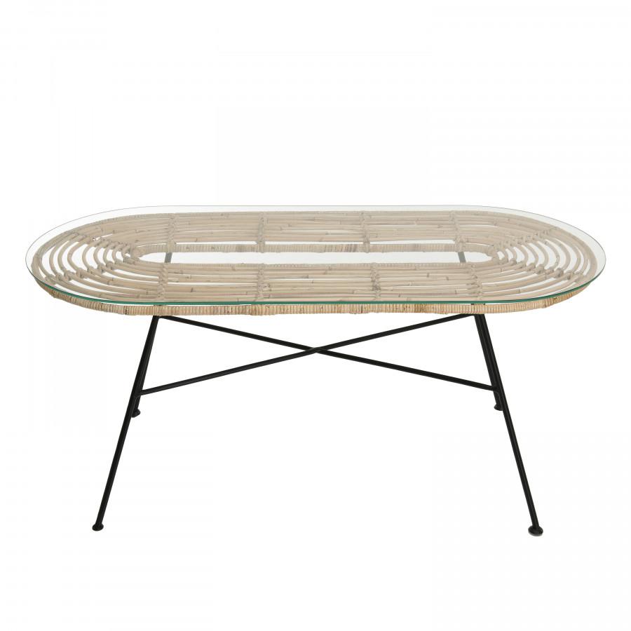 CHLOE - Table basse 100x45cm rotin naturel plateau verre pieds métal noir