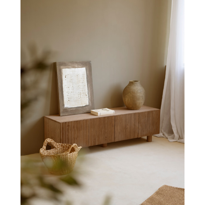 Meuble TV en bois de sapin et pin en ton chêne foncé 152x42cm Hauteur: 45.5 Longueur: 152 Largeur: 42