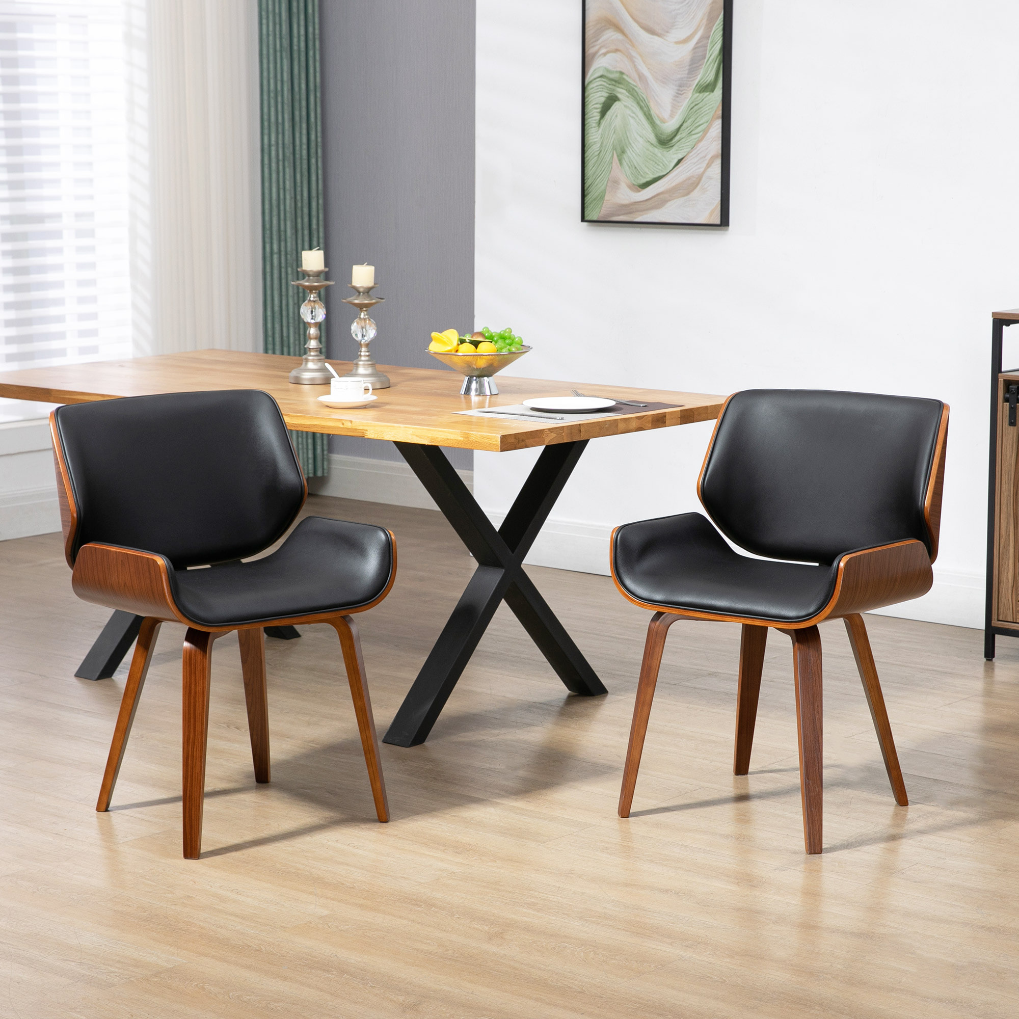 Pack de 2 Sillas de Comedor Tapizadas en Cuero Sintético, Sillas de Cocina con Asiento, Respaldo Curvados y Acolchados, Patas de Madera, Negro