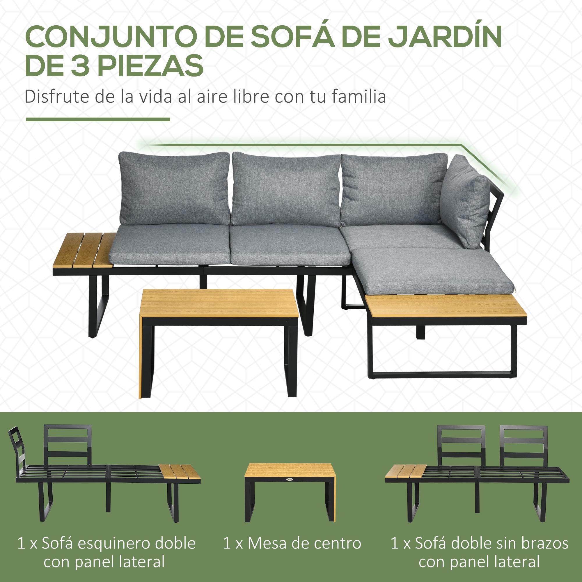 Conjunto de Muebles de Jardín de Aluminio 3 Piezas Juego de Conversación Incluye 2 Sofás Esquineros con Cojines Mesa de Plástico Madera Gris