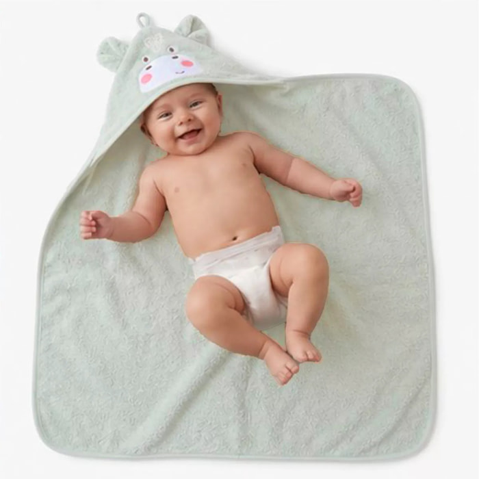 Cape de bain enfant pur coton 420 g/m² brodé vert Petit hippo vert d'eau