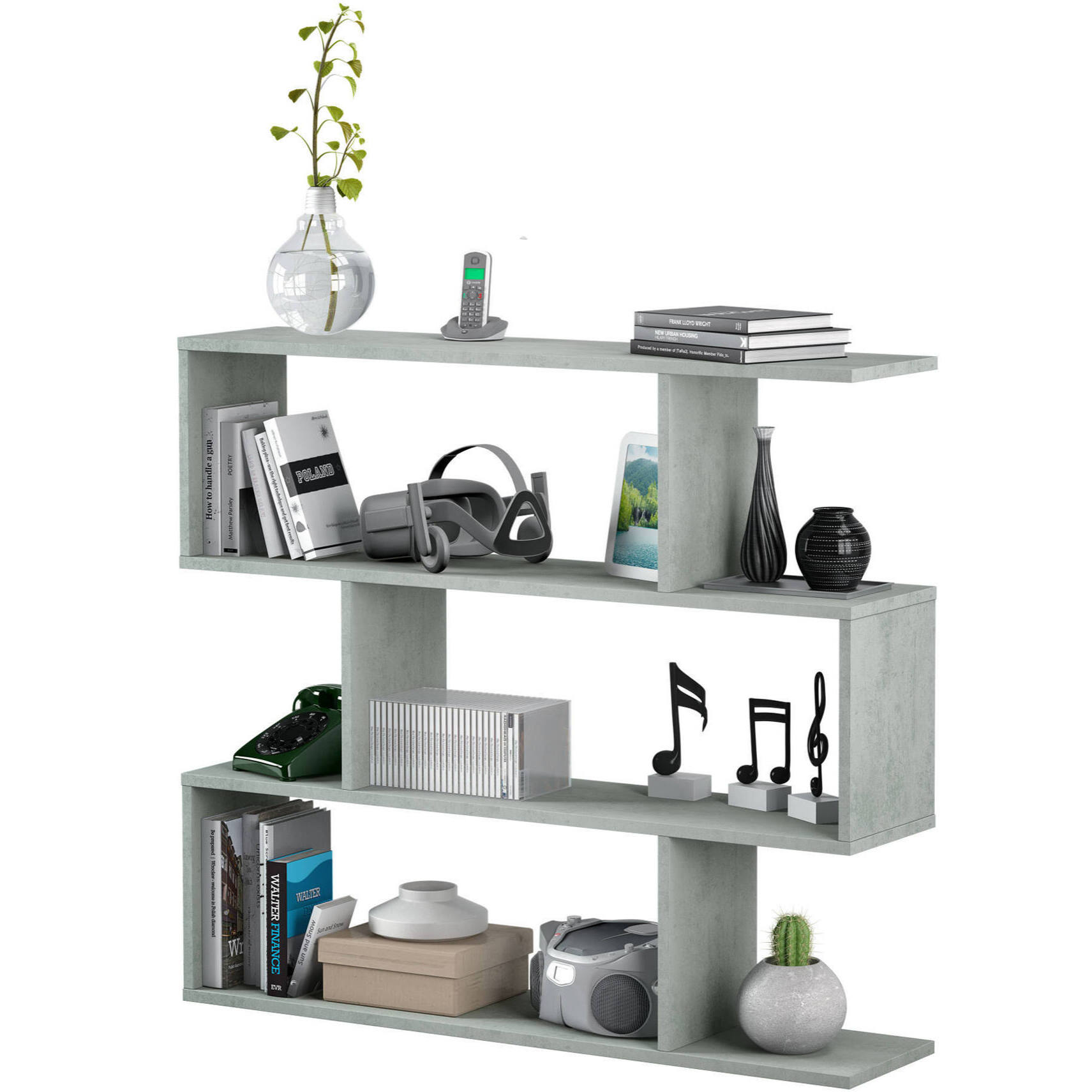 Libreria Hampton, Mobile portalibri bassa bifacciale, Scaffale con tre scomparti, Scaffale moderno da ufficio, cm 110x24h97, Grigio cemento