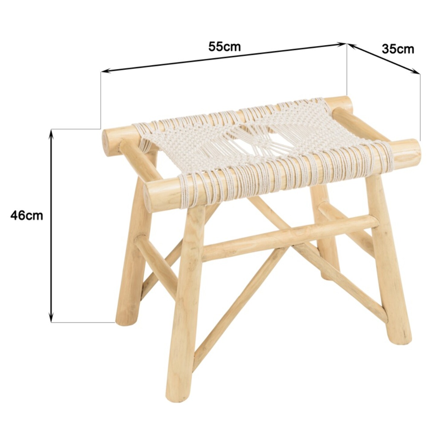 WILL - Tabouret en branches de teck naturel assise en macramé blanc