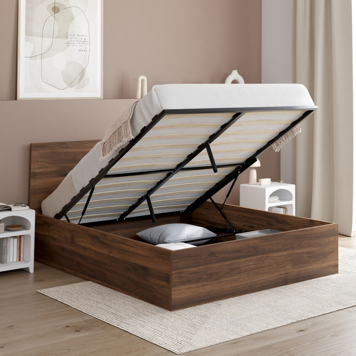 Lit coffre Sicilia 140x190cm effet bois noyer