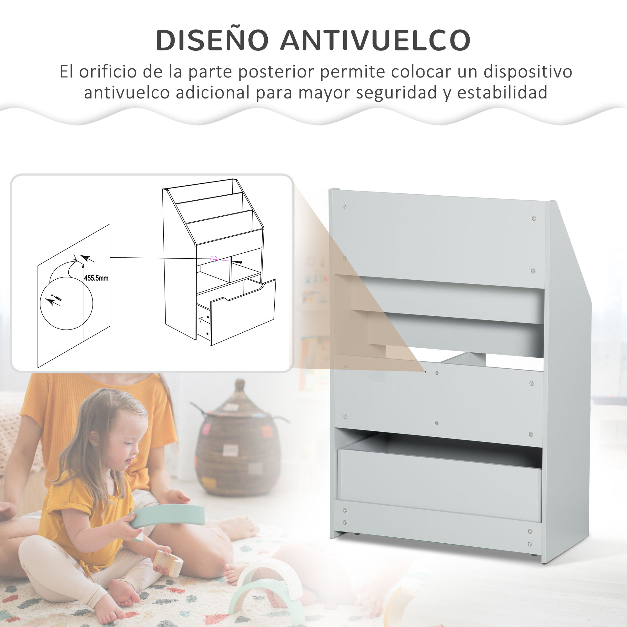 Estantería Infantil de Madera con 3 Compartimentos 2 Cubos y Cajón Móvil con 4 Ruedas Librería Infantil para Habitación de Niños Sala de Juegos 60x29,9x90 cm Gris