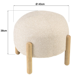 LEOPOLD - Pouf en tissu effet laine beige et pieds bois