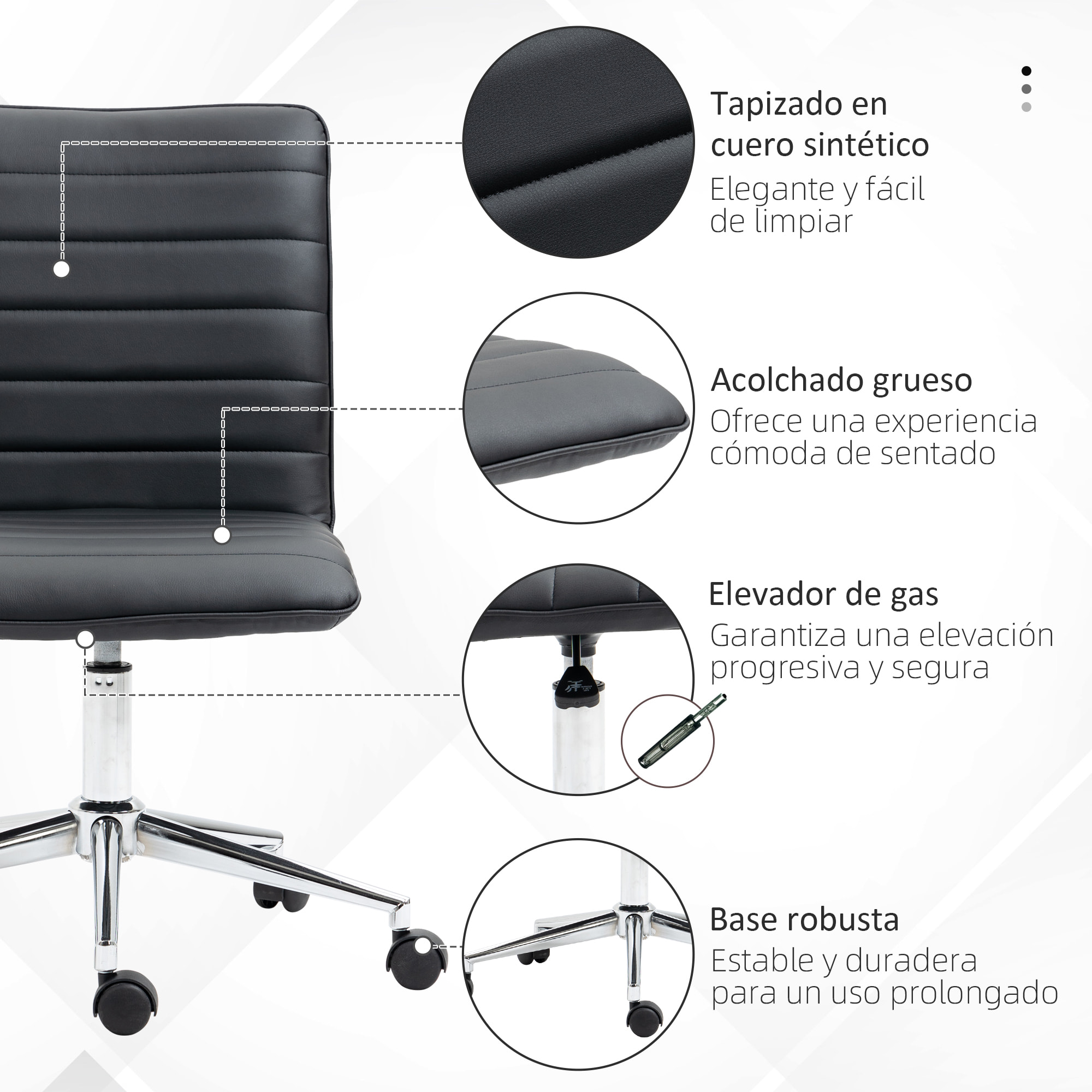 Silla de Oficina Ergonómica Silla Escritorio Giratoria con Altura Ajustable Respaldo Tapizado en Piel Sintética Carga 120 kg 47x57x76,5-86,5 cm Negro