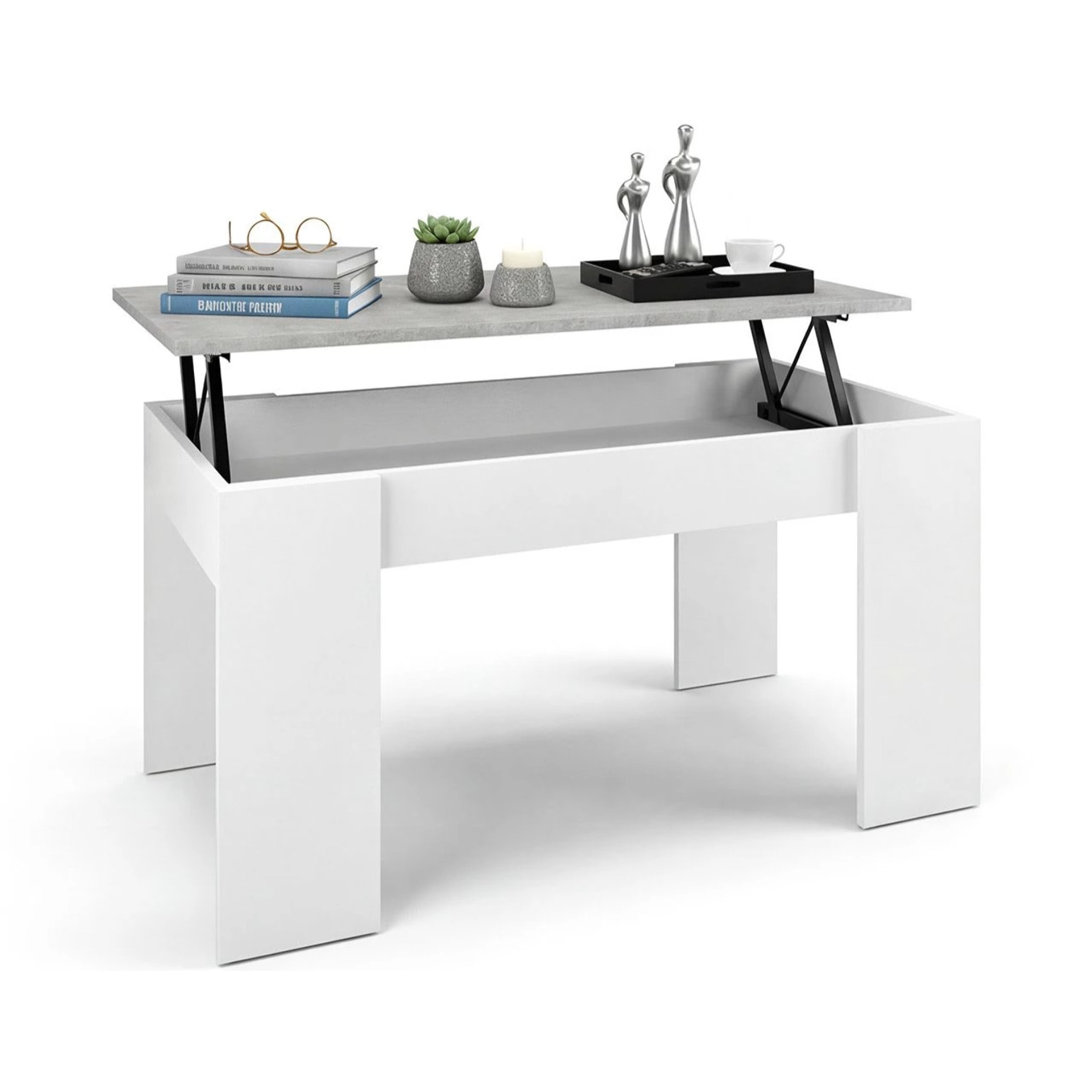 Mesa de centro elevable con almacenaje en blanco artik y gris cemento 90x43-53 cm Norak Blanco Artik (Blanco Mate) - Gris Cemento