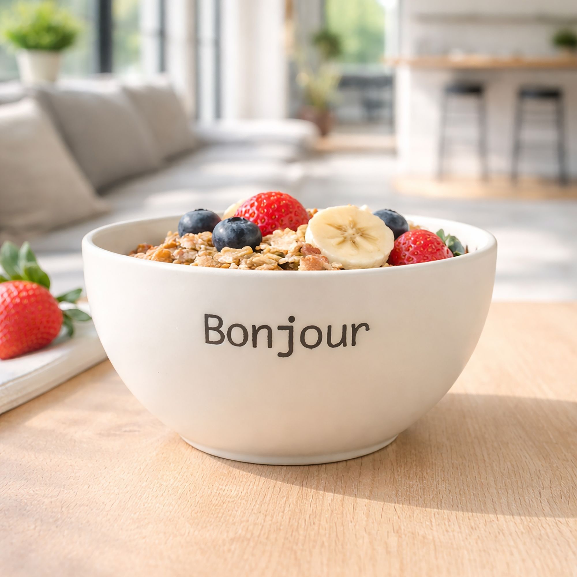 Lot de 6 bols 58cl en grès blanc à message BONJOUR