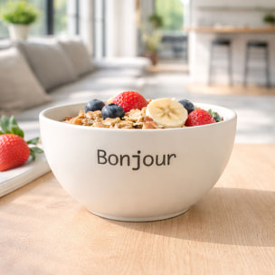 Lot de 6 bols 58cl en grès blanc à message BONJOUR