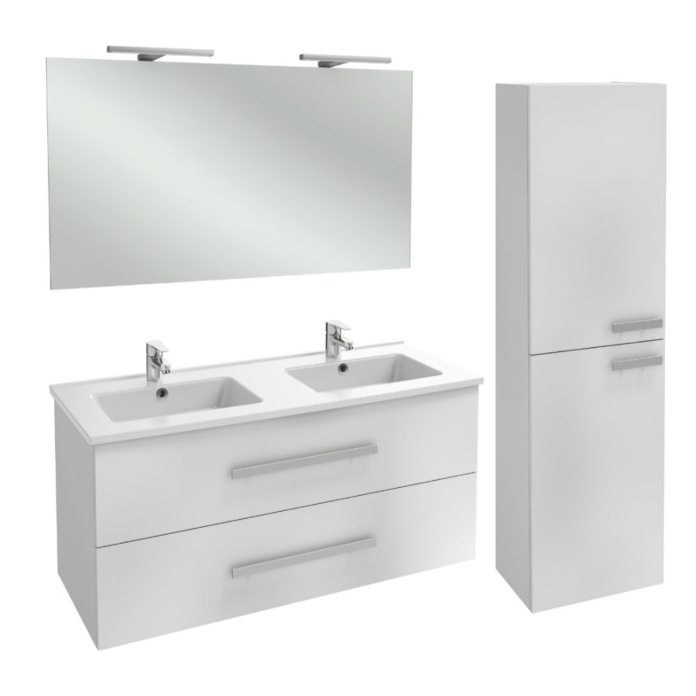 Meuble double vasque 120 cm Ola Up blanc brillant + colonne + miroir et spots