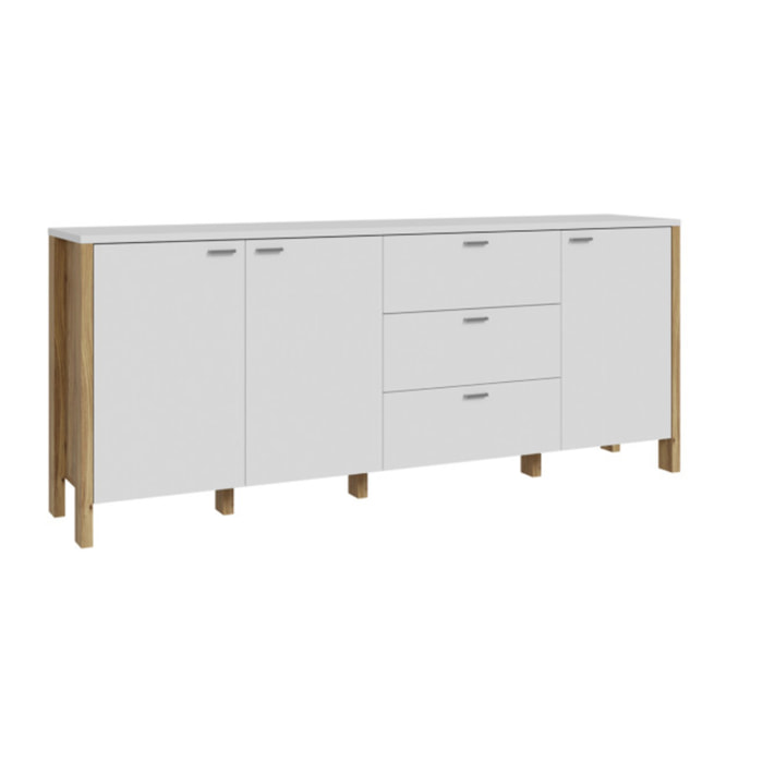 Buffet L208 cm 3 tiroirs 3 portes décor chêne et gris clair - BOLERO
