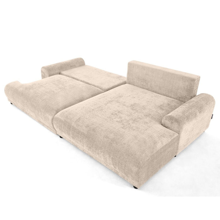 Nelly - canapé d'angle droit 4 places convertible avec coffre en velours texturé - Beige