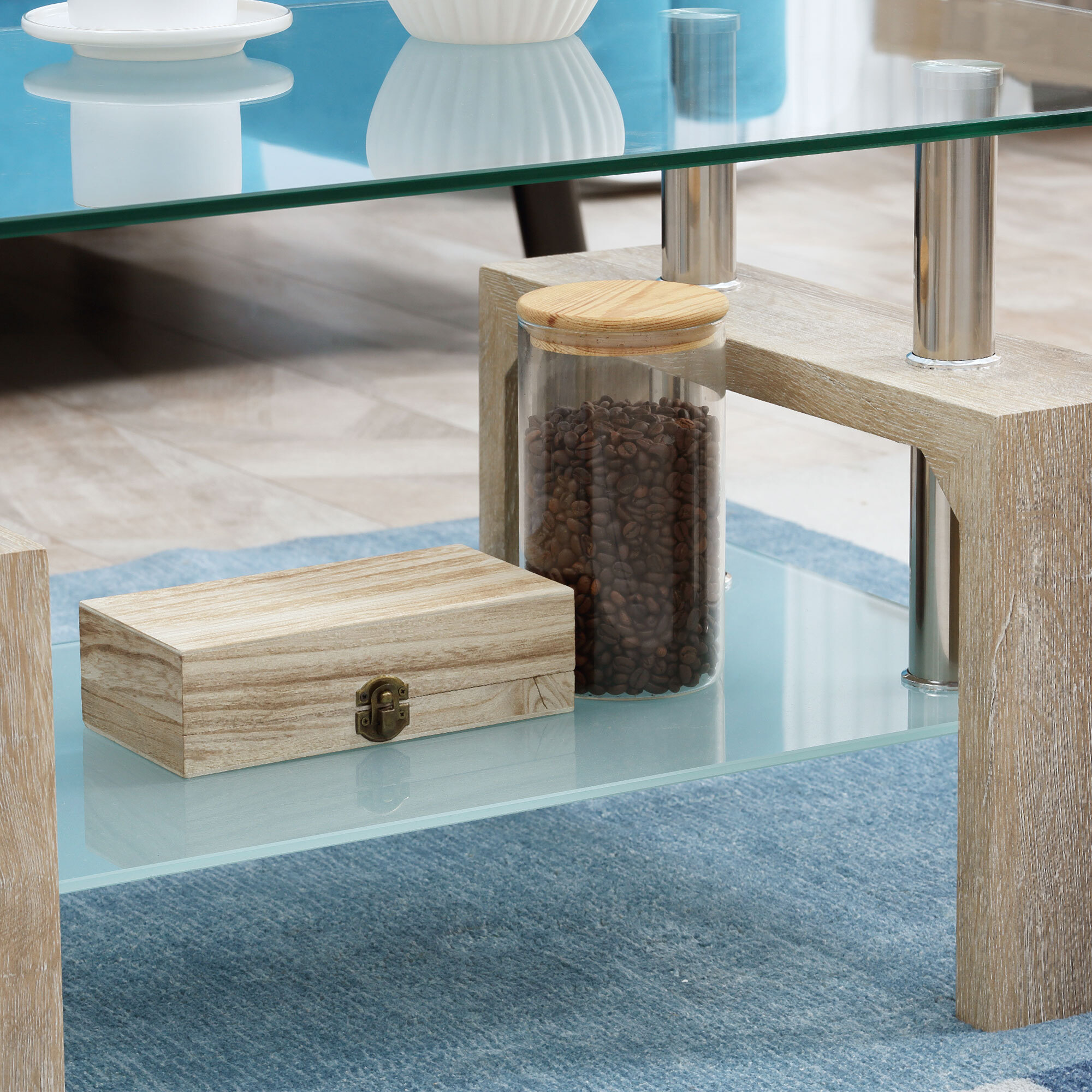 Mesa de Centro Rectangular con 2 Estantes de Vidrio Templado 90x50x42 cm Natural