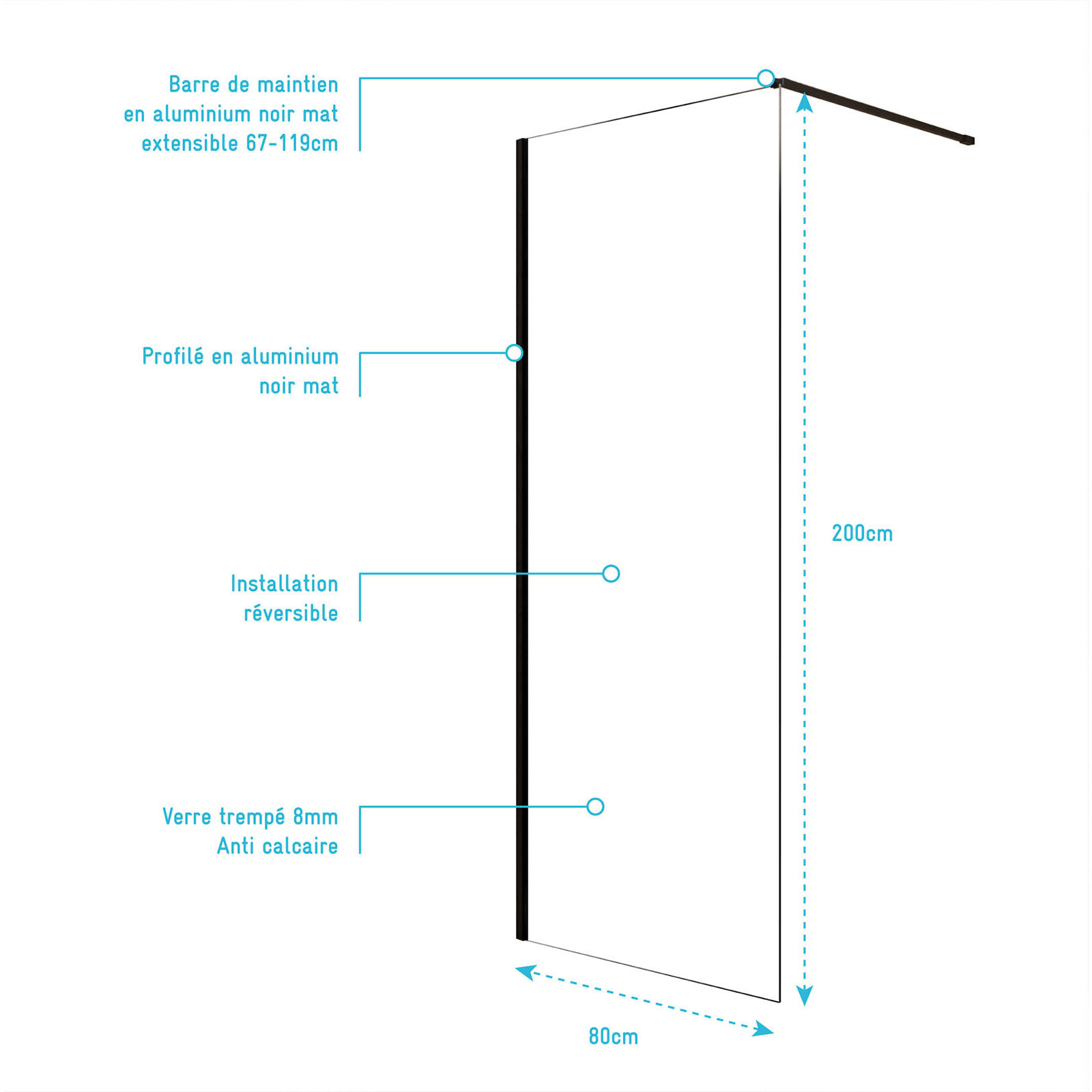Paroi de Douche 80x200cm en Verre Trempé Transparent 8mm Anticalcaire - Profilé Noir Mat - LINA