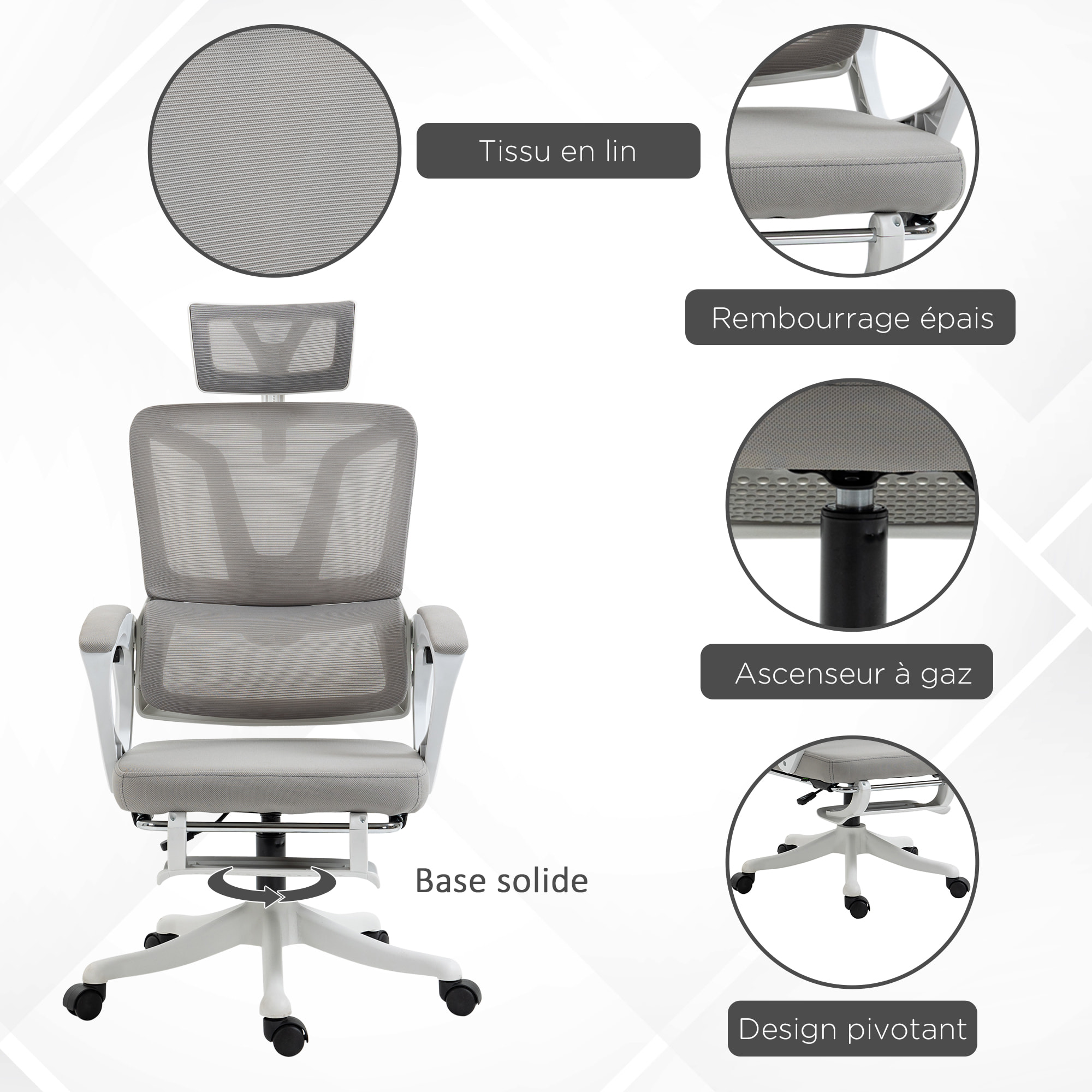 Fauteuil de bureau ergonomique inclinable réglable - repose-pied rétractable, support lombaires, tétière ajustable - blanc gris