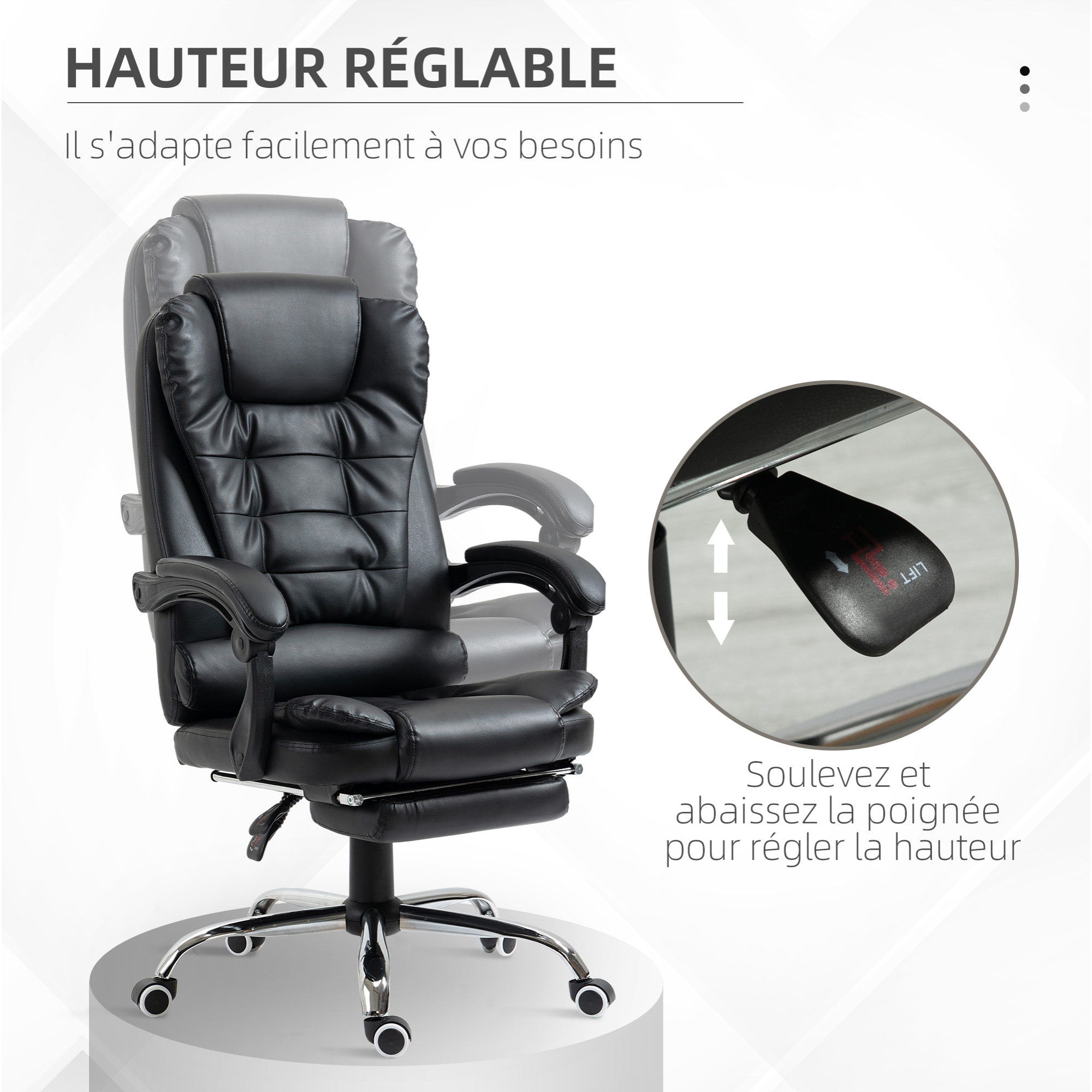 Fauteuil de bureau fauteuil manager grand confort réglable dossier inclinable repose-pied revêtement synthétique noir