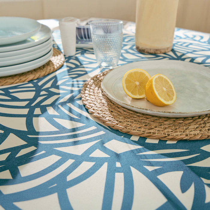 Nappe ovale coton enduit feuillage abstrait - Bleu