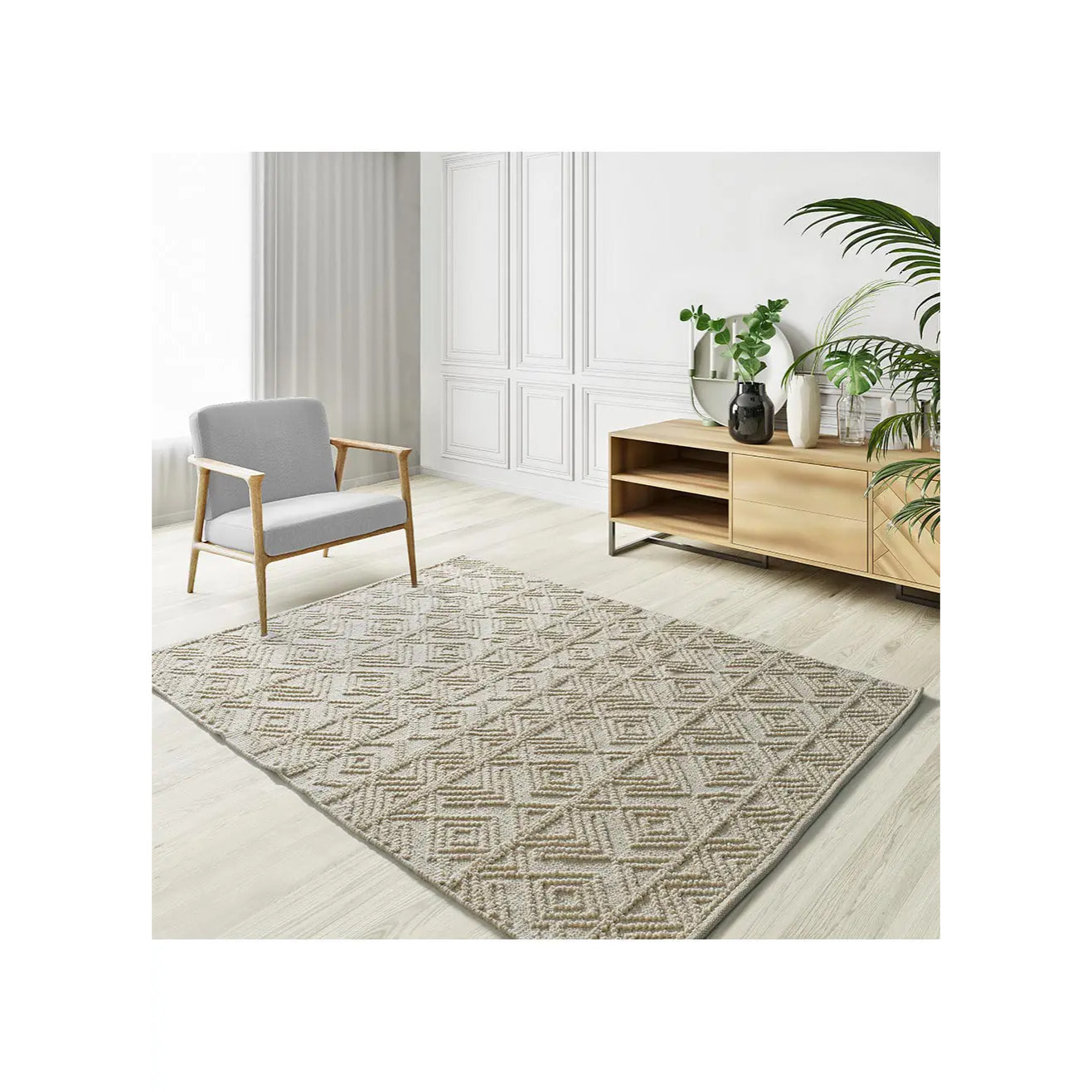 PAMUK Alfombra étnica algodón reciclado con relieve en crema, varias medidas disponibles