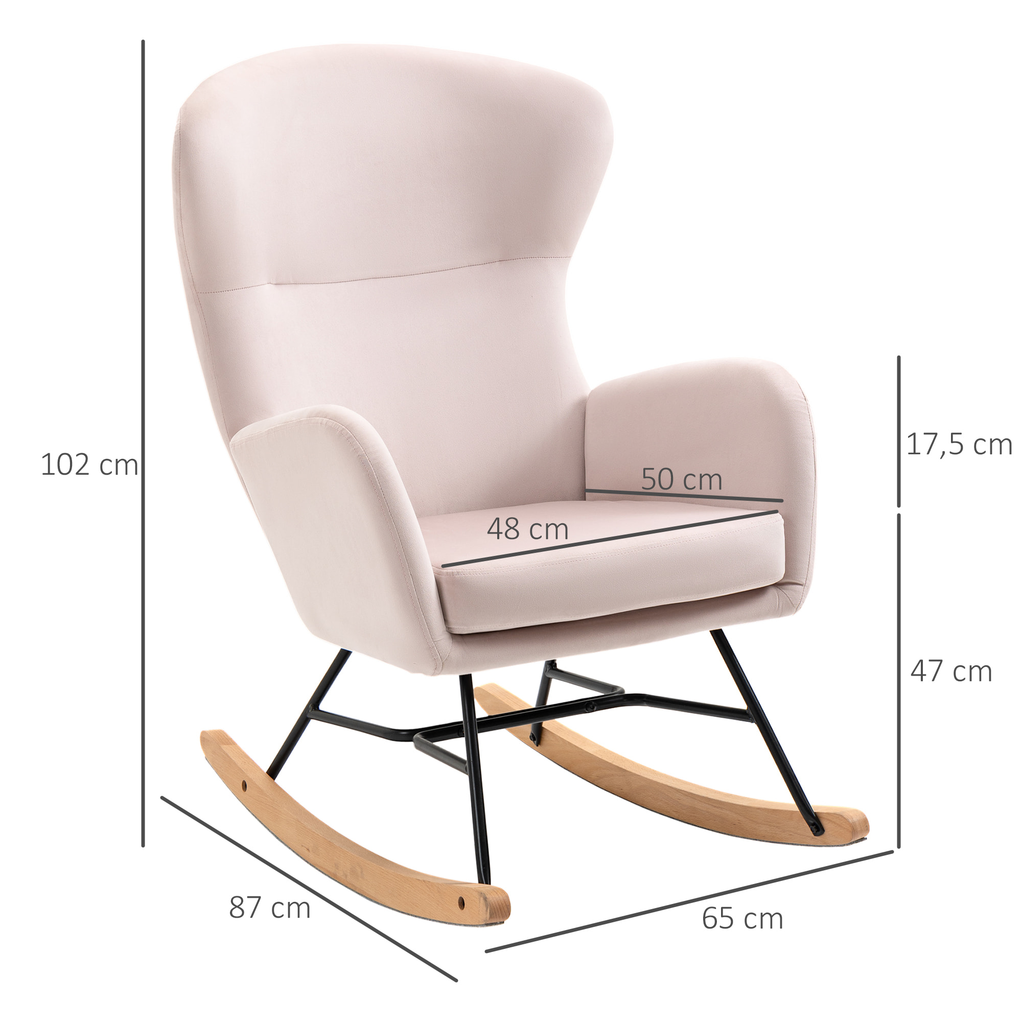 Silla Mecedora Tapizada en Terciopelo con Asiento Acolchado 65x87x102 cm Rosa