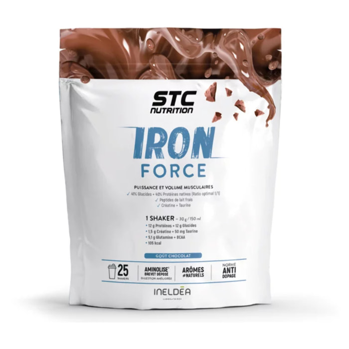 STC NUTRITION – Iron Force – Protéine, Glutamine, Taurine, Vitamines – Prise de Masse – Construction Musculaire - Brevet Aminolise 100% Digeste - Sans Colorant Gluten – Goût Vanille, Chocolat - 25 Shaker - 750g - Chocolat