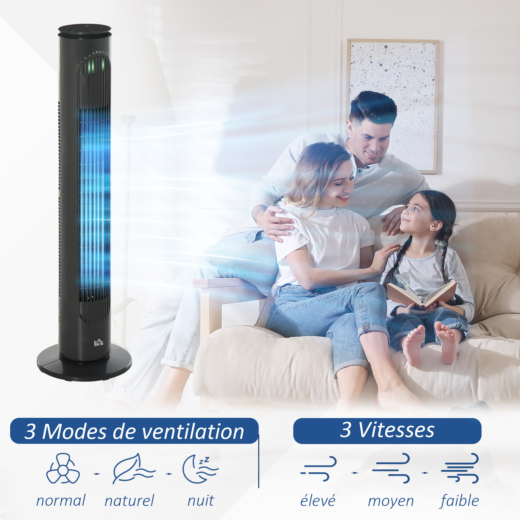 Ventilateur colonne tour oscillant 45 W silencieux télécommande incluse minuterie 3 modes 3 vitesses anthracite