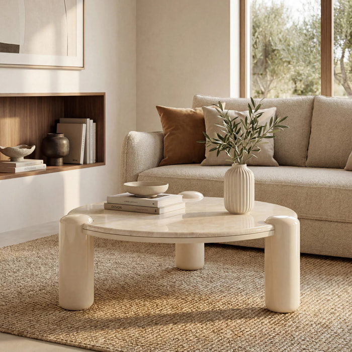 Table basse en marbre avec pieds laqués beiges, D86 cm - Hanaé