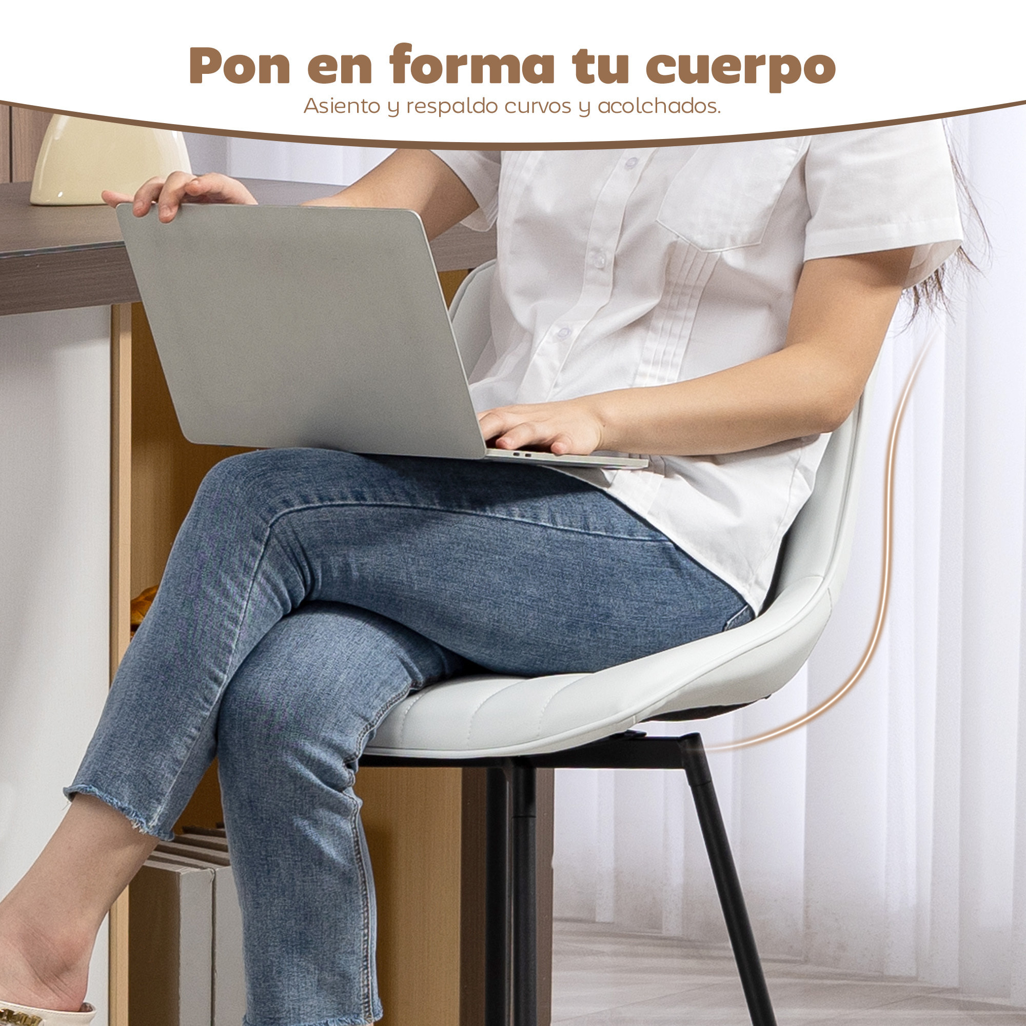 Juego de 2 Taburetes de Bar Giratorios, Taburetes Altos de Cocina con Respaldo Curvado y Reposapiés, Tapizado en PU, Marco de Acero, Sillas Altas de Cocina para Comedor, Salón, Blanco