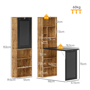 Bureau mural pliable table murale rabattable suspendue sur pied avec bibliothèque tableau à craie intégré panneaux particules bois