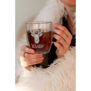J-Line tasse et sous-tasse cerf - verre - blanc/naturel - set de 6