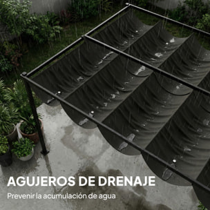 Pérgola de Jardín 4x3 m con Techo Retráctil y 2 Paneles de Privacidad Fijos, Cenador de Jardín con Protección UPF50+, Drenaje, Estructura Metálica, Pabellón para Exterior, Gris Oscuro