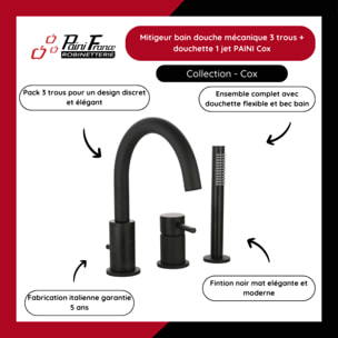 Mitigeur bain douche mécanique 3 trous + douchette 1 jet PAINI Cox noir mat