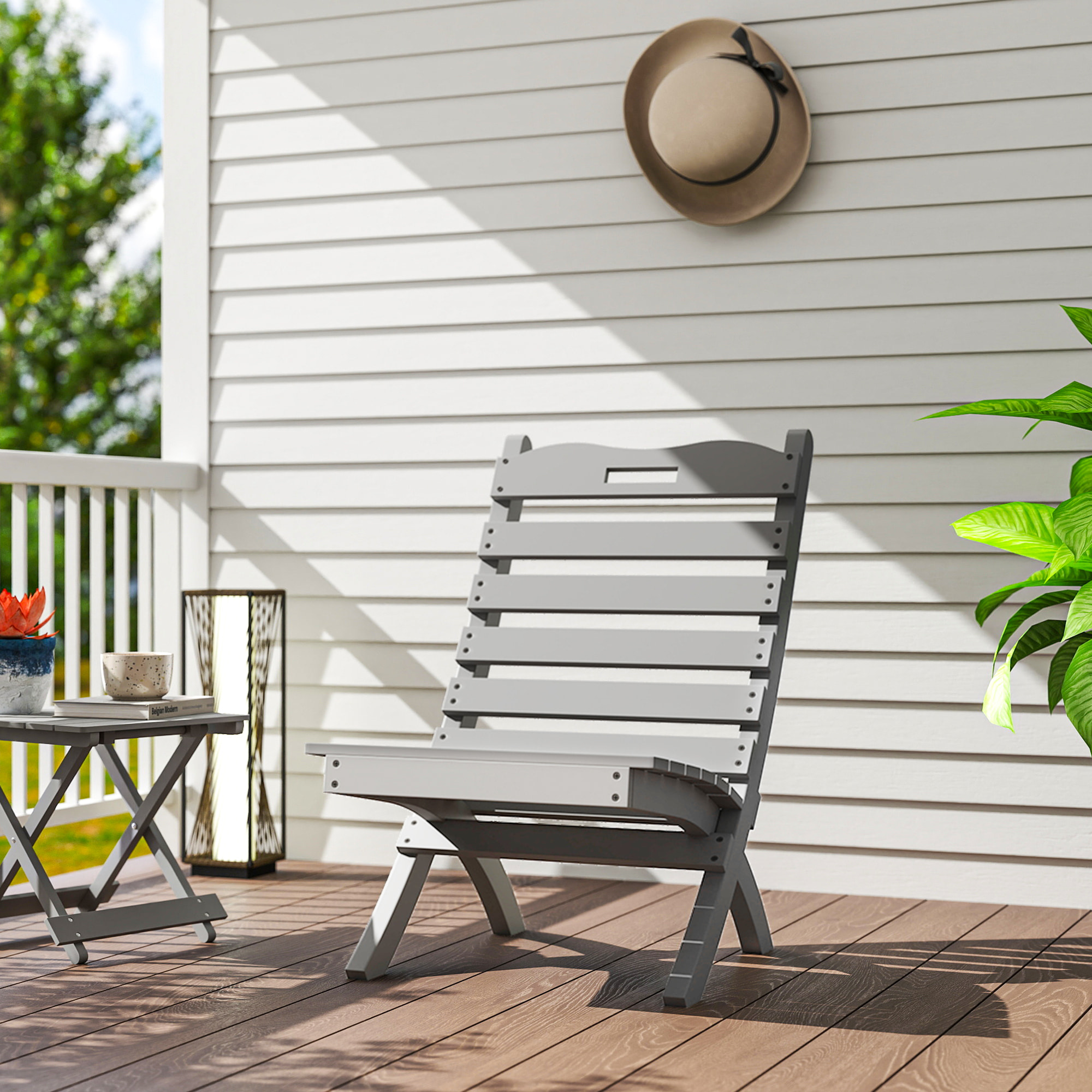 Silla de Jardín de Madera Silla de Exterior con Diseño Listones y Respaldo Inclinado Carga 120 kg para Balcón Patio Terraza 78x48x76 cm Gris