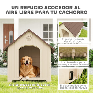 Caseta para Perros Exterior, Casa para Perros Grandes de Plástico Impermeable con 2 Ventanas, Base Elevada, Estacas, Fácil de Montar, 88x79x89 cm, Beige