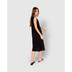 Vestido midi cuello drapeado algodón lino negro