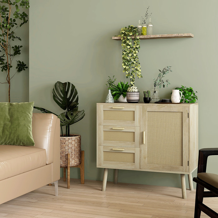 Buffet 3 tiroirs porte étagère style bohème chic cannage rotin panneaux aspect chêne clair
