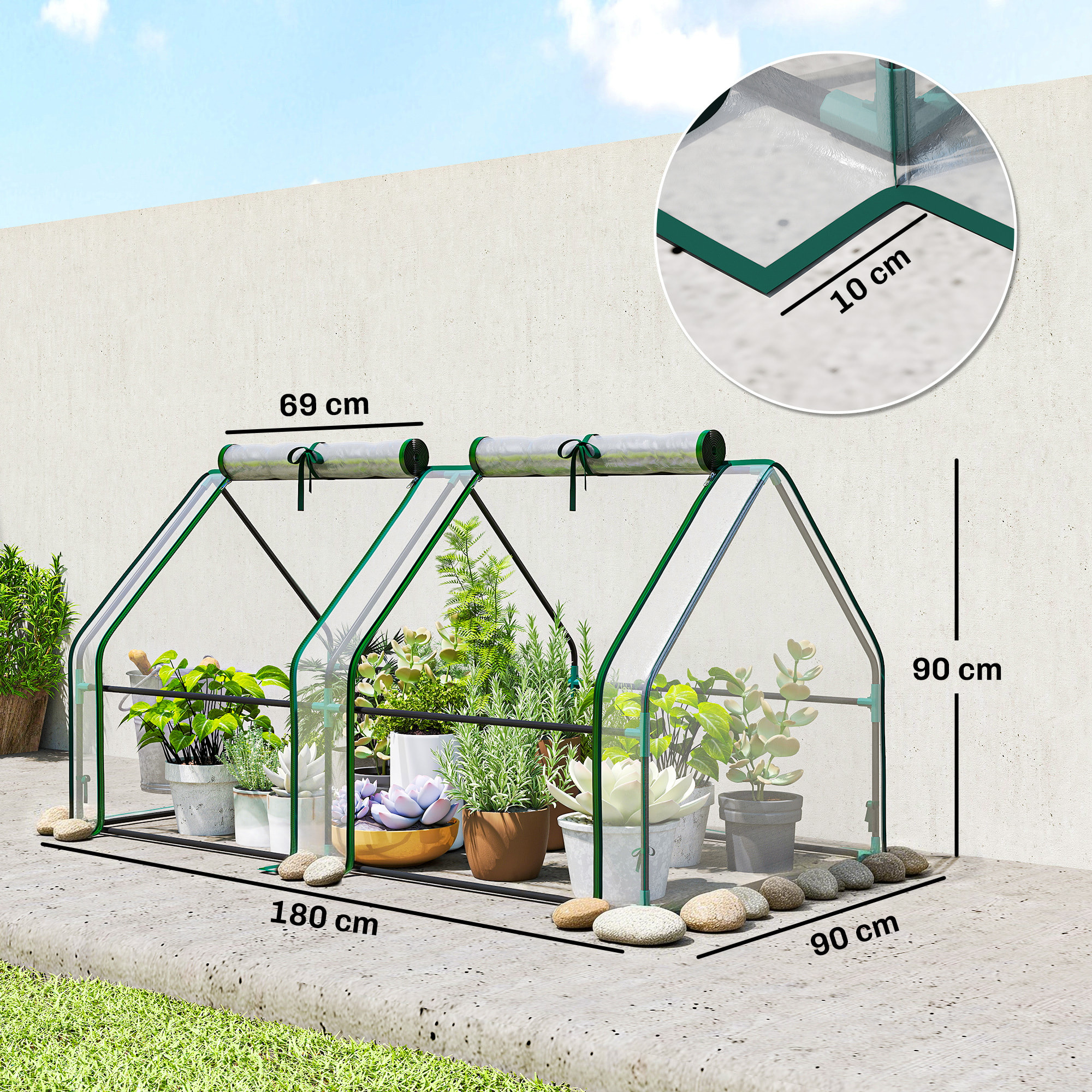 Mini serre de jardin serre à tomates 180L x 90l x 90H cm acier PE haute densité 140 g/m² anti-UV 2 fenêtres avec zip enroulables transparent