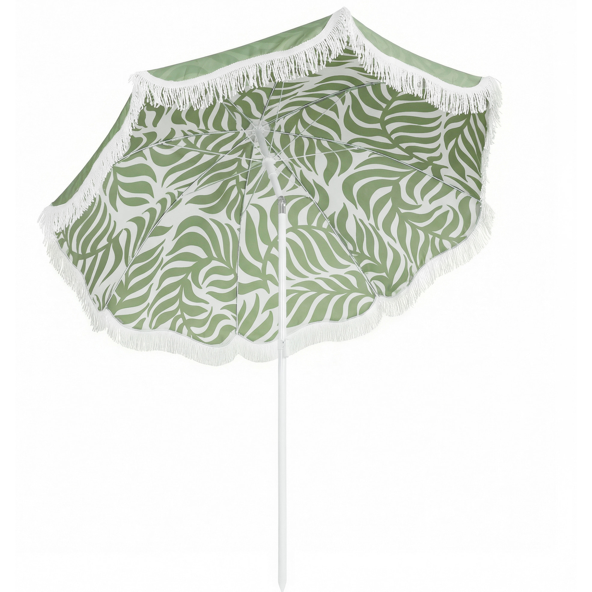 Sombrilla de Playa con Flecos Ø180 cm, Sombrilla de Terraza Exterior con Altura Ajustable, Inclinación, Anclaje Arena y Bolsa de Transporte, UPF30+, Estampado de Hojas, Verde
