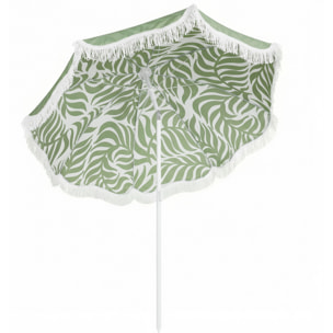 Sombrilla de Playa con Flecos Ø180 cm, Sombrilla de Terraza Exterior con Altura Ajustable, Inclinación, Anclaje Arena y Bolsa de Transporte, UPF30+, Estampado de Hojas, Verde
