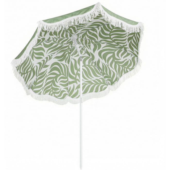 Sombrilla de Playa con Flecos Ø180 cm, Sombrilla de Terraza Exterior con Altura Ajustable, Inclinación, Anclaje Arena y Bolsa de Transporte, UPF30+, Estampado de Hojas, Verde