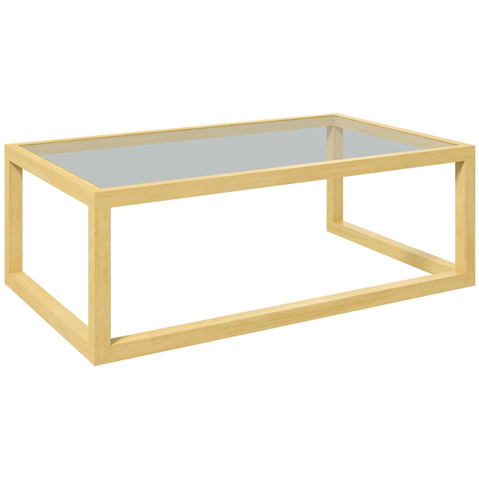 Table basse design contemporain plateau verre trempé structure piètement bois d'hévéa