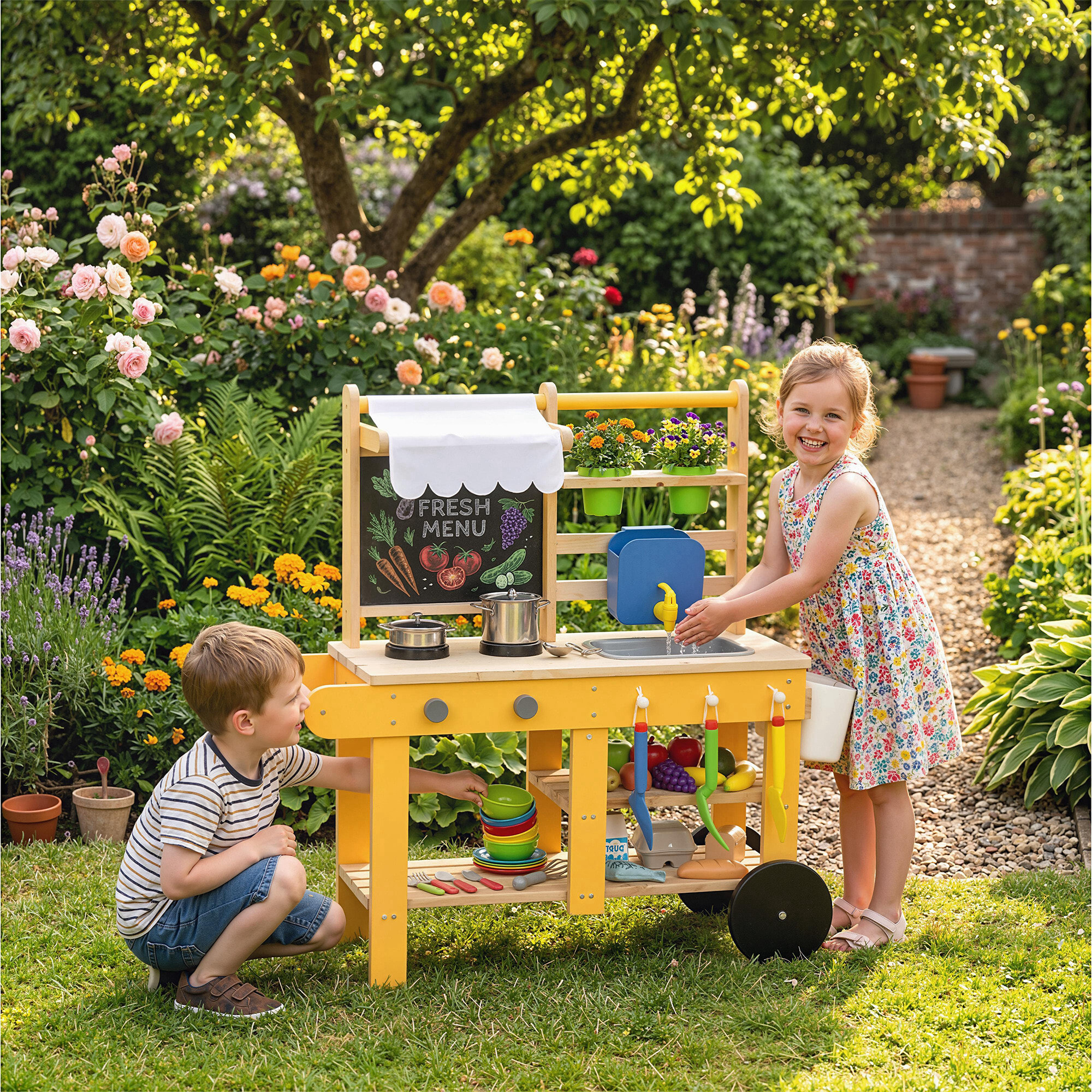 Cocina de Juguete Exterior con Ruedas, Cocinita Infantil de Madera con Agua Real, Fregadero, Estufas, Estantes, Macetas, Pizarra y 15 Accesorios, 84,2x34,4x90 cm, Amarillo