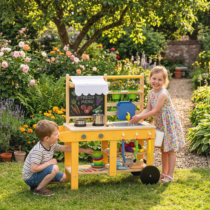 Cocina de Juguete Exterior con Ruedas, Cocinita Infantil de Madera con Agua Real, Fregadero, Estufas, Estantes, Macetas, Pizarra y 15 Accesorios, 84,2x34,4x90 cm, Amarillo