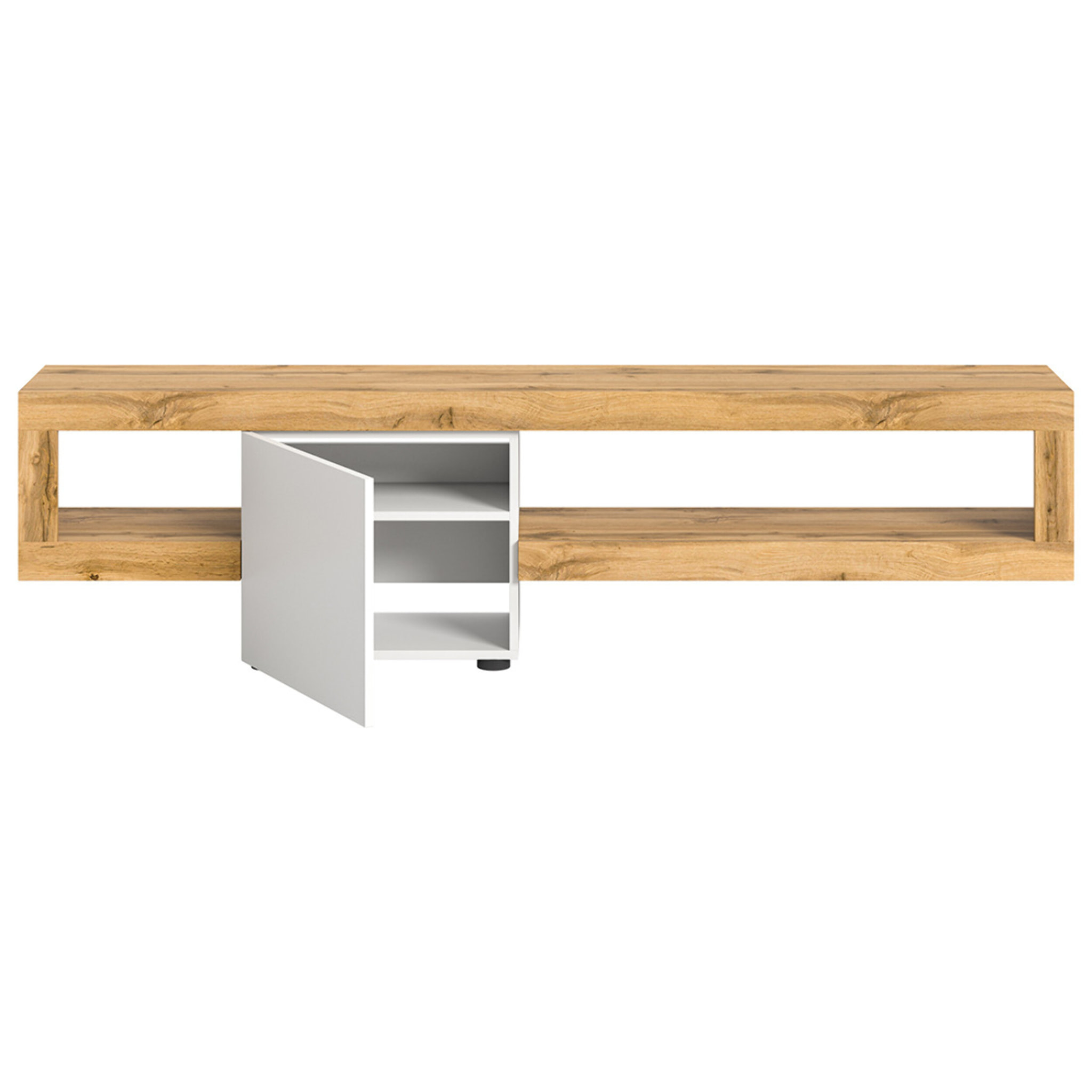 Ned - meuble tv suspendu - 1 porte et 1 étagère - bois et blanc - 190 cm - Bois / Blanc