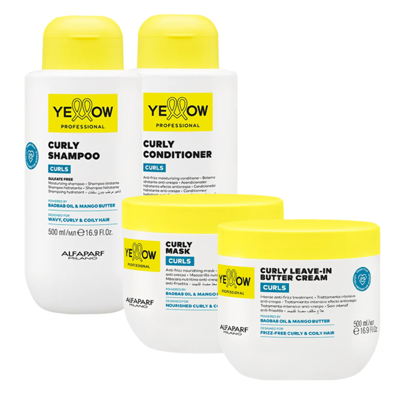 ALFAPARF Yellow Kit Curls Shampoo 500ml + Mask 500ml + Conditioner 500ml + Leave In Butter Cream 500ml