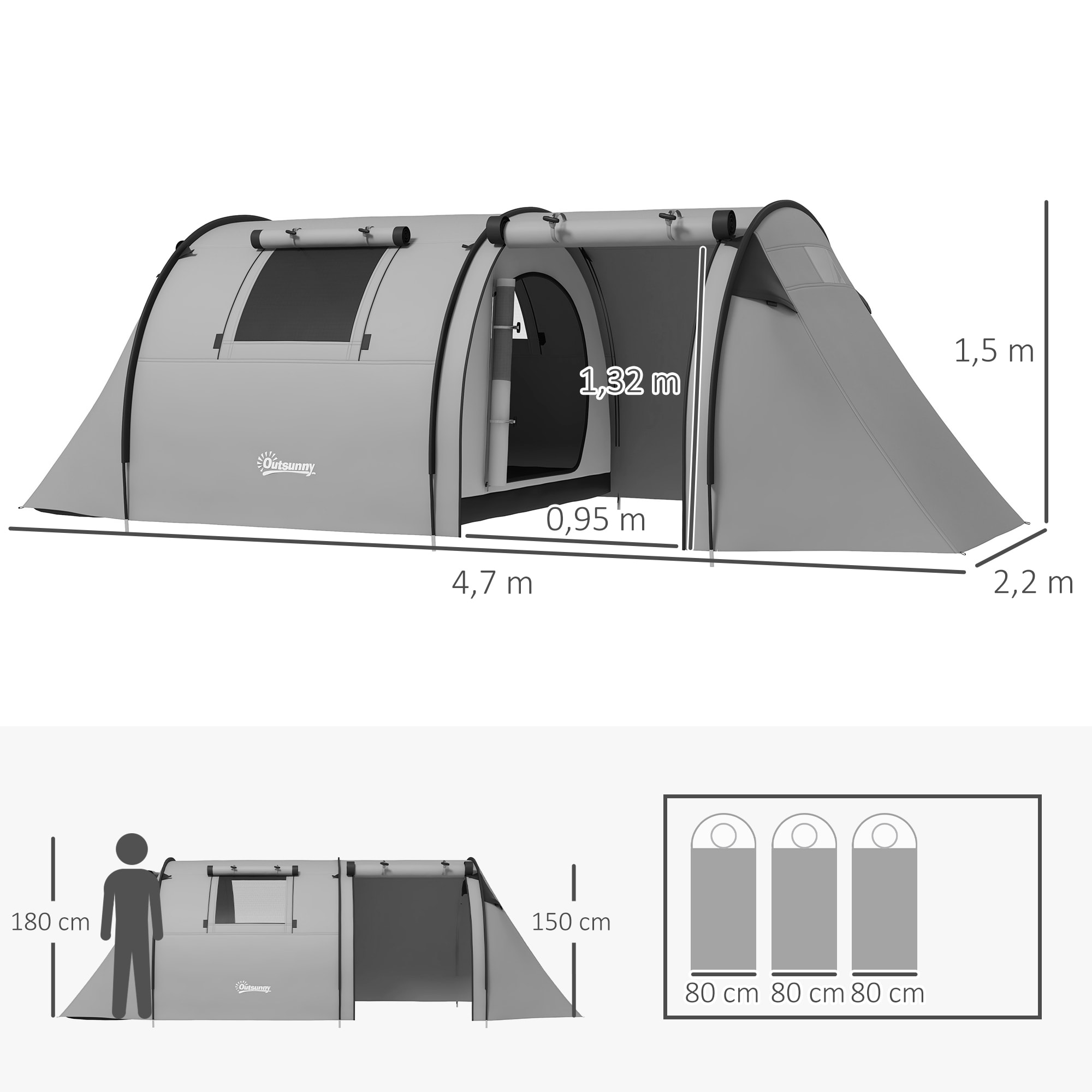 Tienda de Campaña Familiar para 3 Personas Tienda Camping Plegable Ligera con Puertas Ventallas Gancho Bolsa de Transporte Impermeable 3000 mm para Playa Senderismo 470x220x150 cm Gris